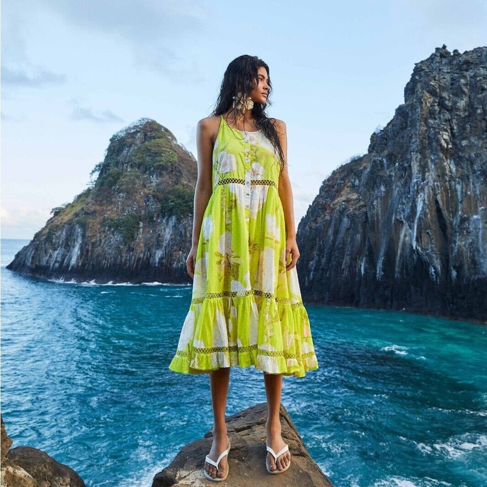 Farm Rio Neon Yellow Garden Midi Dress NWOT XL